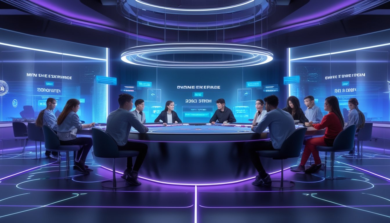 Beberapa orang muda sedang bermain poker online dengan tampilan layar digital futuristik di ruangan dengan pencahayaan biru dan ungu.