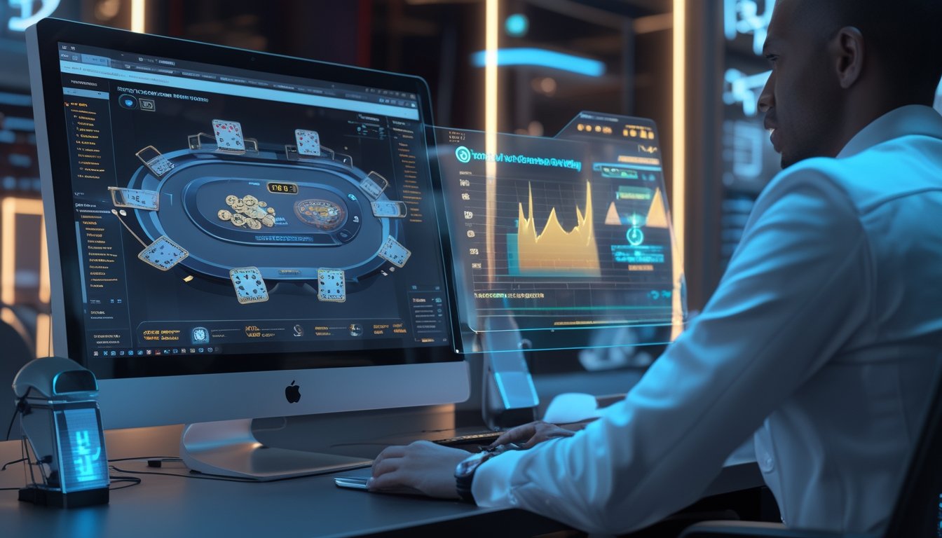 Seseorang duduk di depan komputer dengan tampilan meja poker digital dan layar holografik yang menampilkan grafik dan data analisis bot AI.