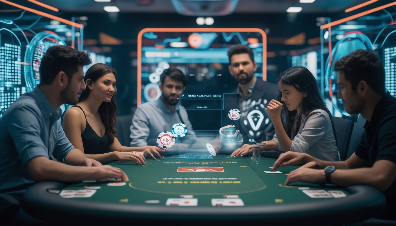 Beberapa orang duduk di meja poker modern dengan chip dan kartu holografik, menggunakan antarmuka digital untuk menganalisis permainan poker online.