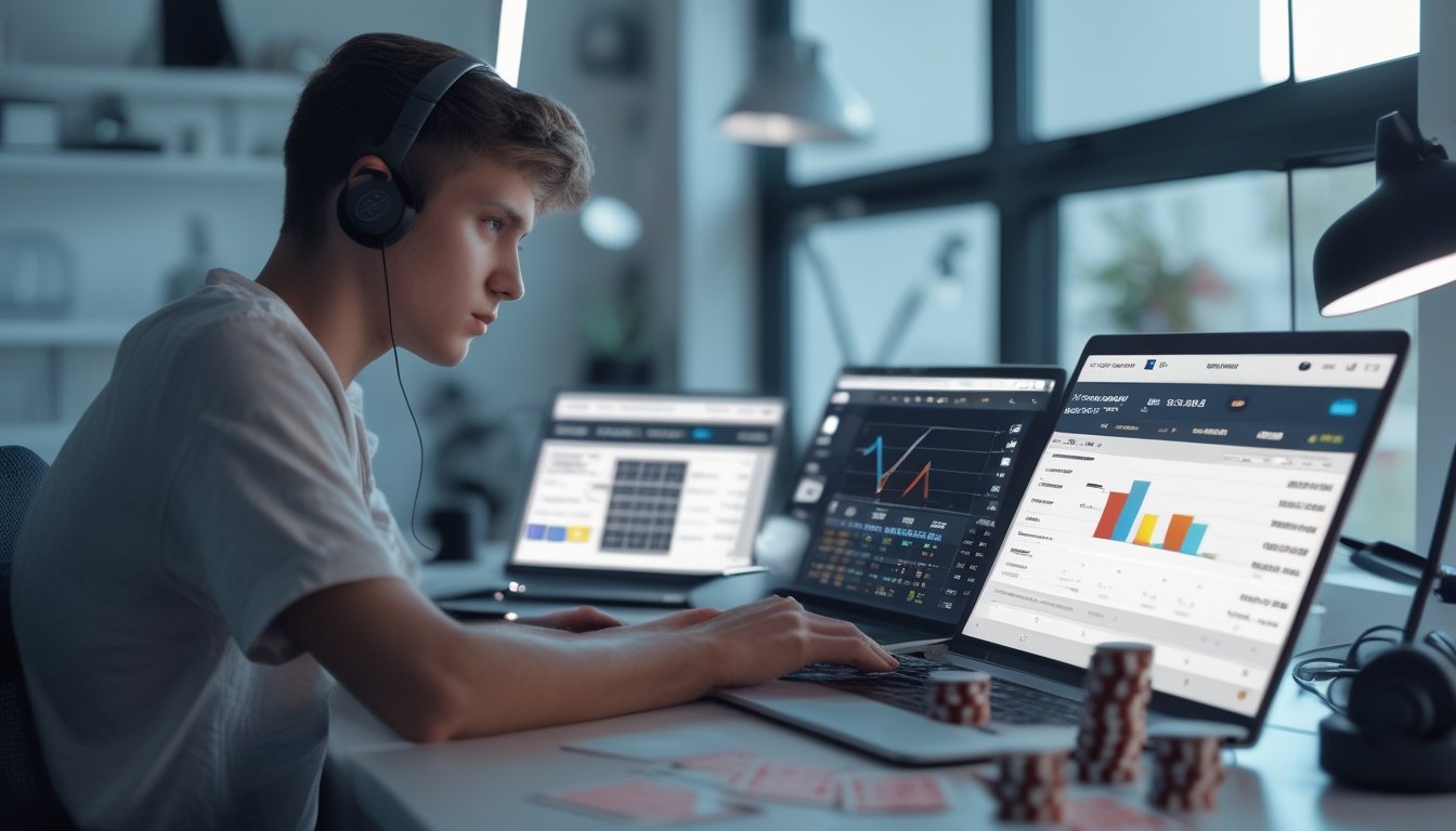 Seorang pemain poker muda duduk di meja dengan laptop dan ponsel, menganalisis data dan tumpukan chip poker di ruang kerja modern.