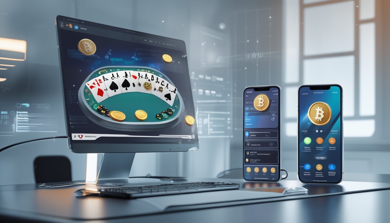 Sebuah meja poker online modern dengan komputer dan ponsel yang menampilkan aplikasi dompet kripto dan kartu poker.