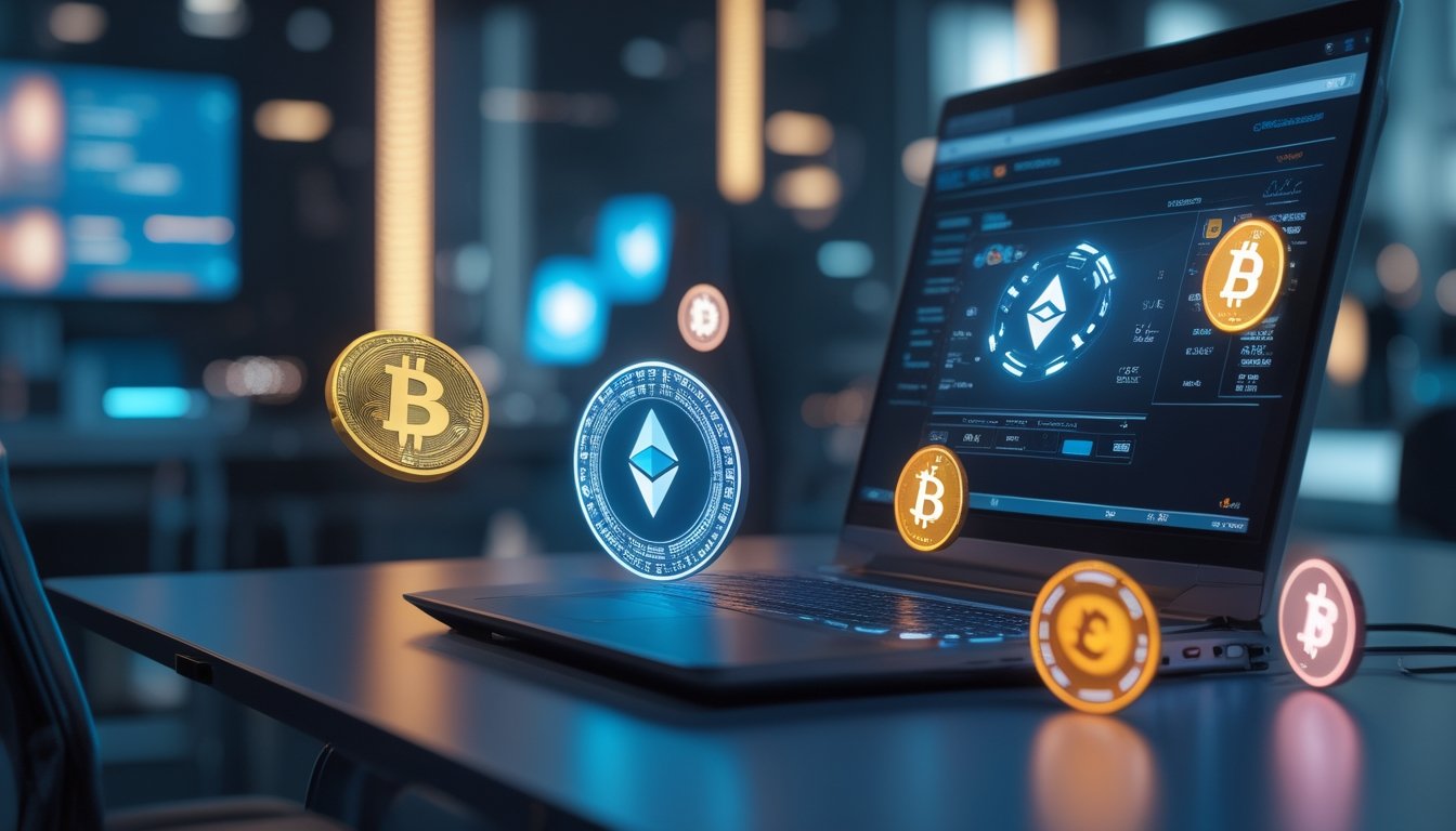 Seorang pemain poker online menggunakan komputer dengan ikon cryptocurrency mengambang di depan layar, menunjukkan proses deposit crypto untuk bermain poker.