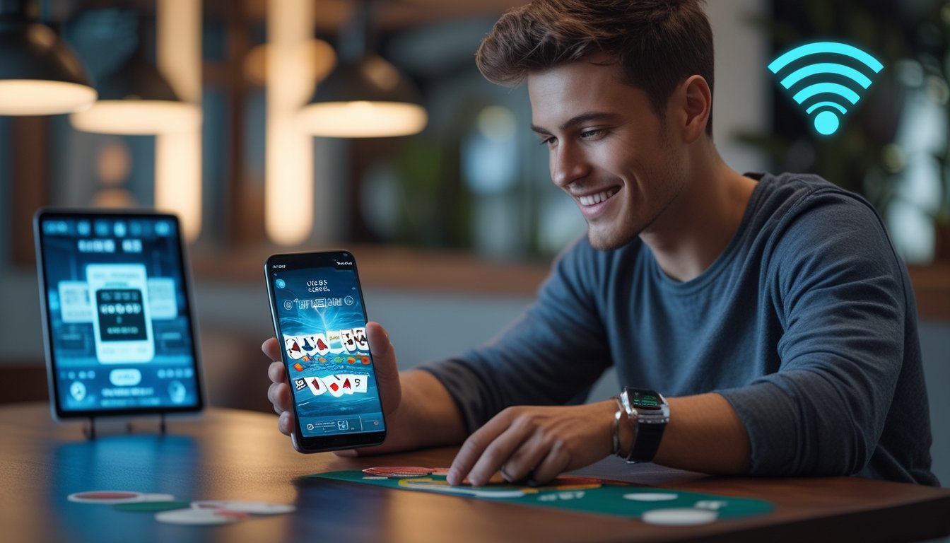 Seorang pria muda bermain poker online menggunakan ponsel di meja kayu dengan latar ruangan yang terang.