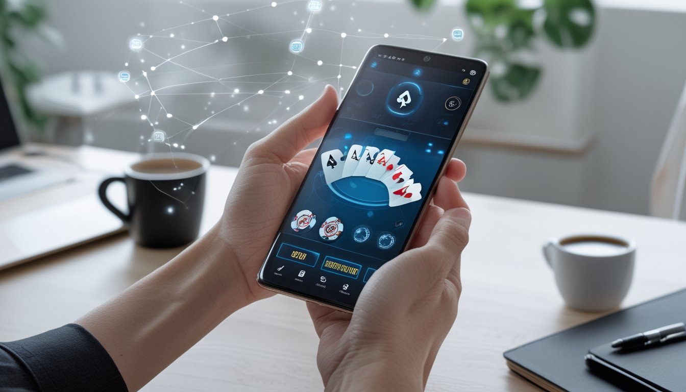 Seseorang memegang ponsel pintar dengan tampilan permainan poker online, menunjukkan koneksi 5G yang stabil.