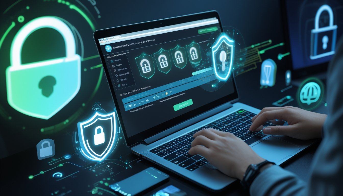 Seorang pengguna sedang bekerja di depan laptop yang menampilkan platform poker online dengan simbol keamanan digital di sekitarnya.
