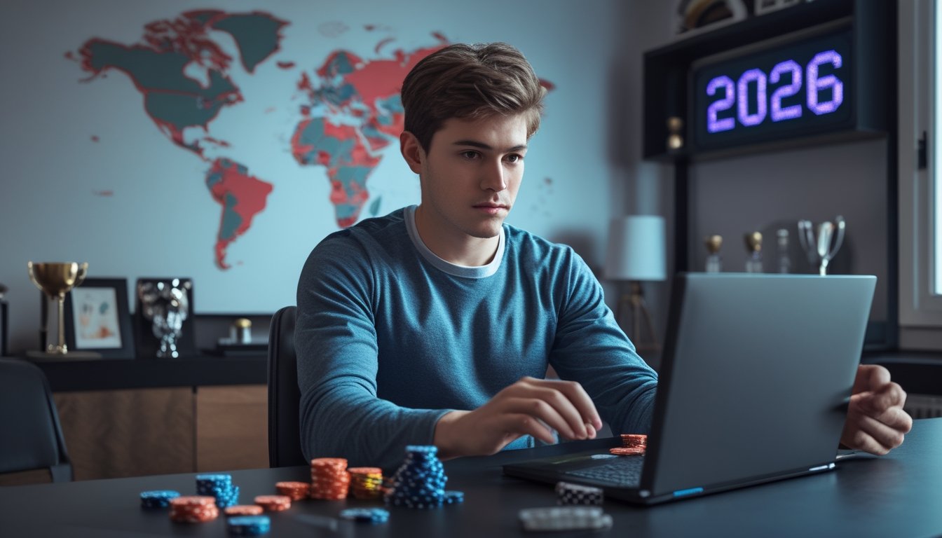 Seorang dewasa muda fokus bermain poker online di depan laptop dengan tumpukan chip poker dan kartu di meja, latar belakang peta dunia dan jam digital menunjukkan tahun 2026.