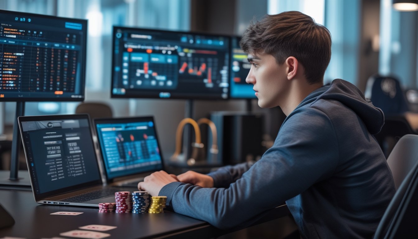 Seorang dewasa muda fokus bermain poker online di depan laptop dengan chip dan kartu poker di meja, dikelilingi layar yang menampilkan grafik dan turnamen.