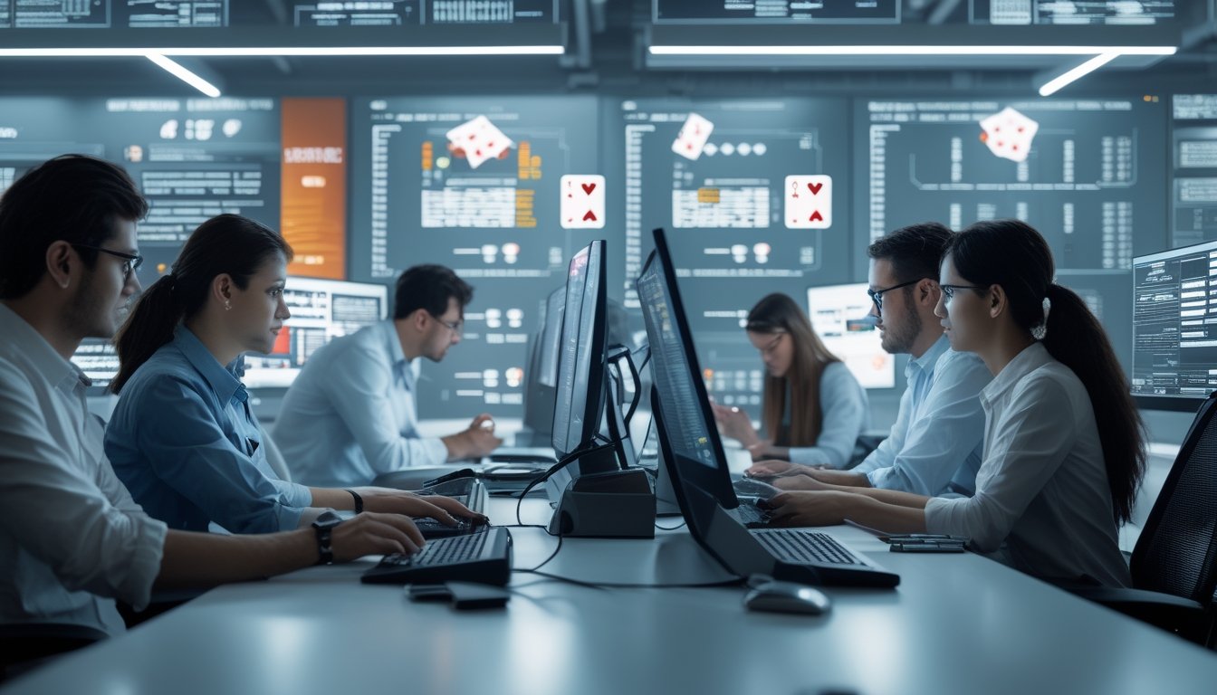Beberapa orang bekerja bersama di ruang kantor modern dengan layar komputer besar yang menampilkan data dan grafik terkait algoritma untuk aplikasi poker online.