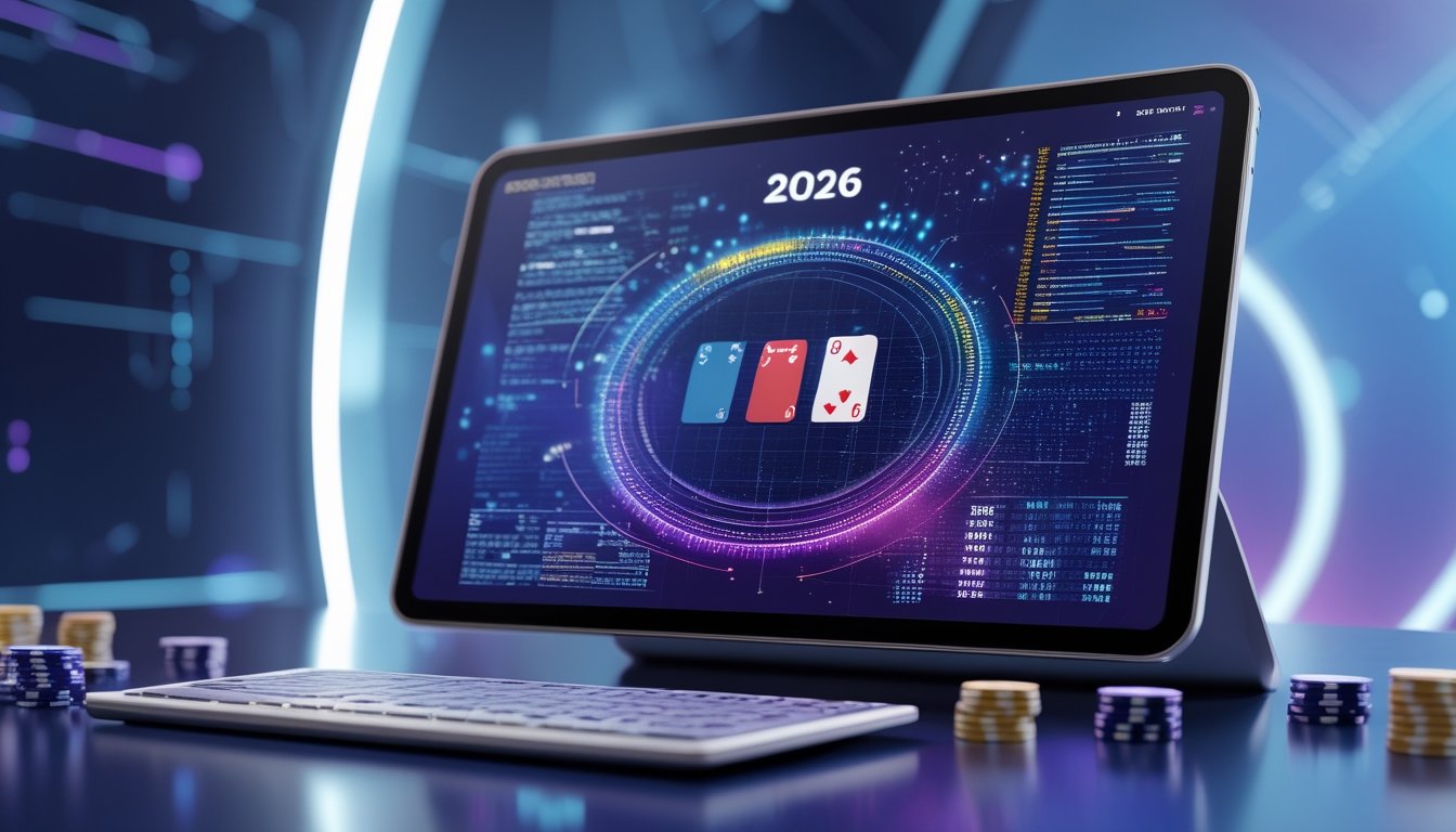 Meja poker digital modern dengan kartu dan chip virtual, dikelilingi oleh grafik pola algoritma dan kode biner, menunjukkan teknologi RNG dalam permainan poker online.