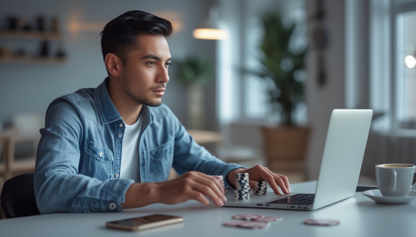 Seseorang yang fokus bermain poker online di depan laptop dengan chip poker di meja.