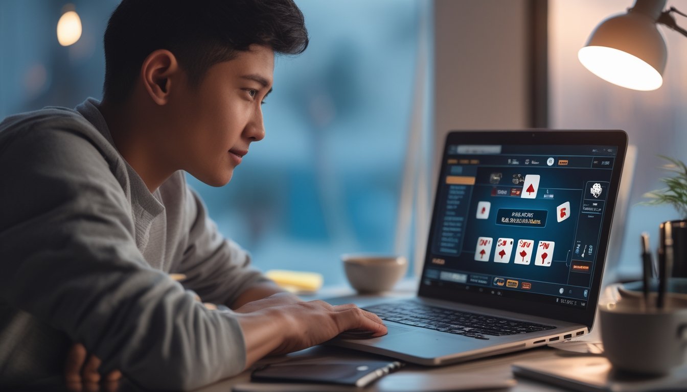 Seorang individu fokus bermain poker online di depan laptop di ruang kerja yang rapi dan nyaman.