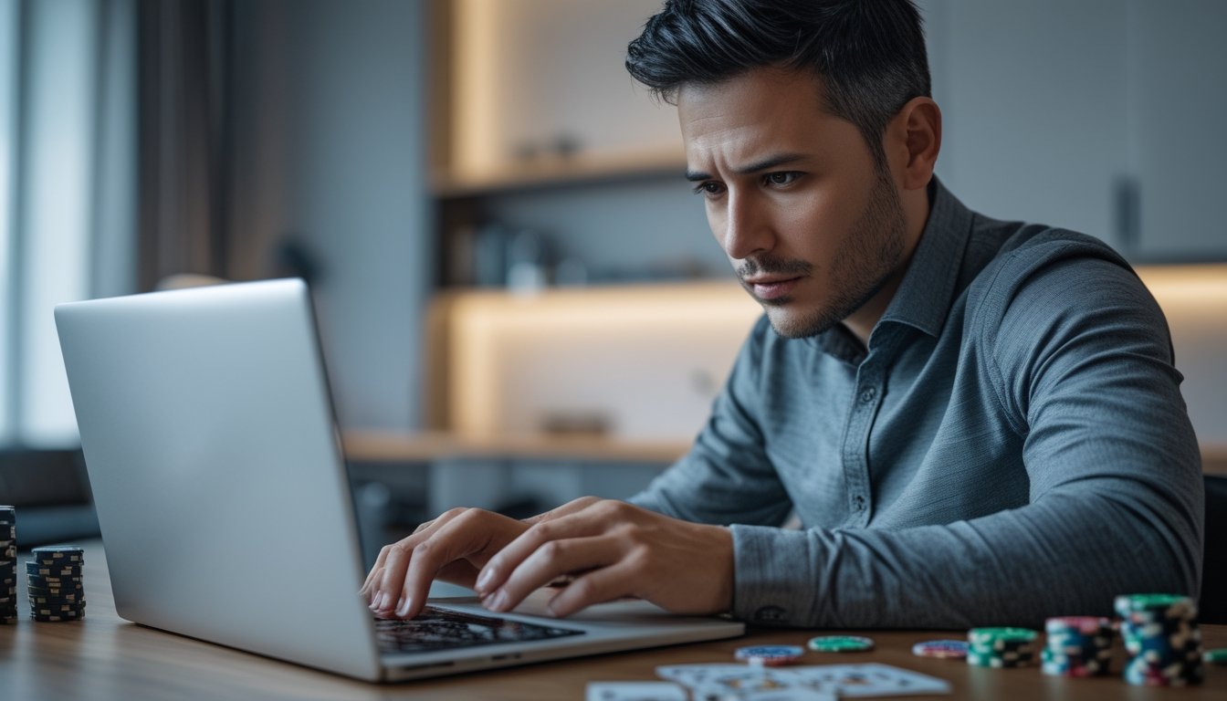 Seorang pemain poker fokus mengamati permainan poker online di laptop dengan chip dan kartu di meja di ruang modern yang terang.