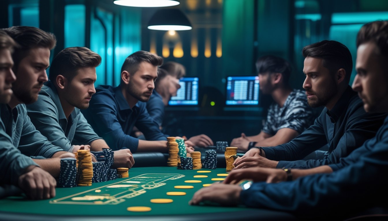 Sekelompok pemain poker serius duduk di meja poker modern dengan komputer, fokus pada permainan dan strategi psikologi.