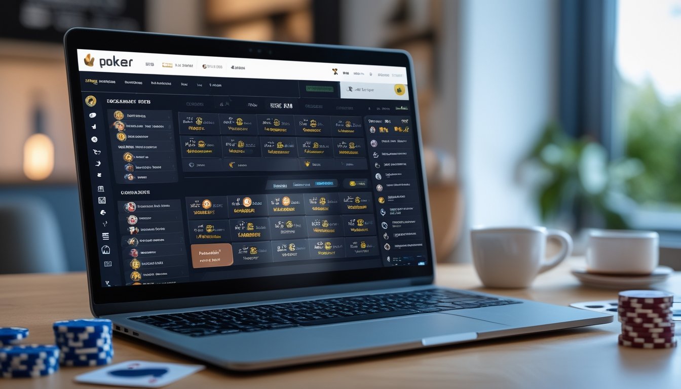 Seorang pria duduk di depan laptop yang menampilkan platform poker online dengan chip poker dan kartu di meja, di ruang kerja yang terang dan rapi.