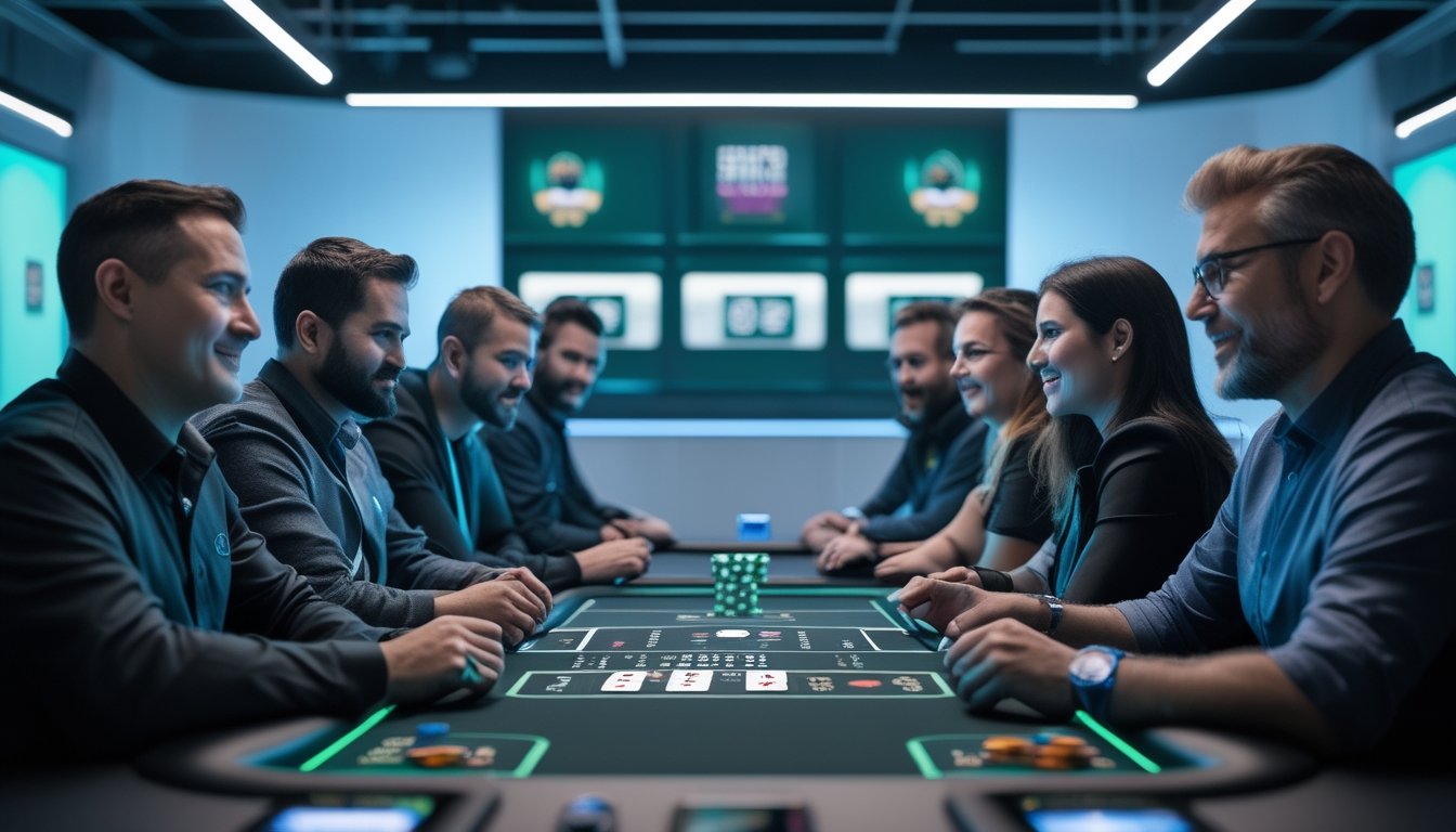 Beberapa orang dewasa bermain poker online di depan layar komputer dalam suasana modern dan profesional.