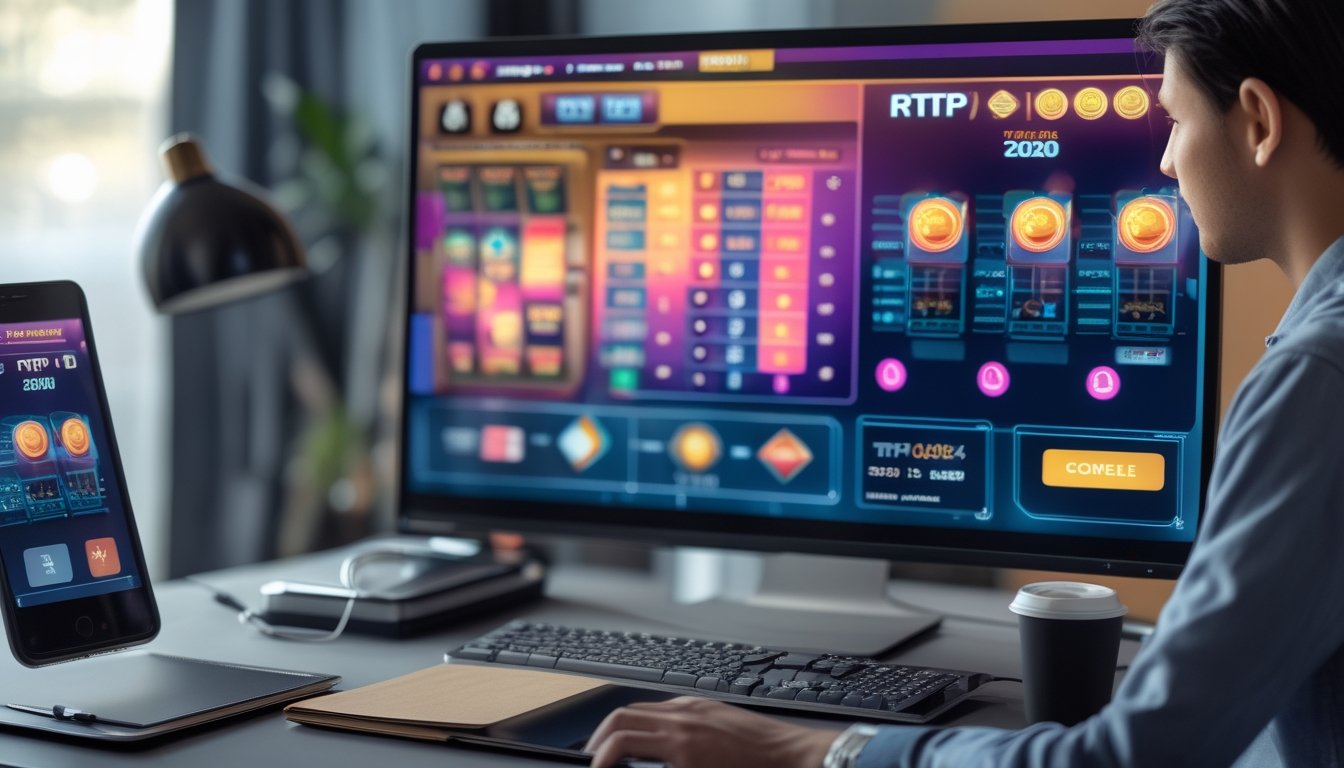 Seseorang sedang menggunakan komputer dengan tampilan permainan kasino online dan grafik RTP di layar dalam ruangan yang terang.
