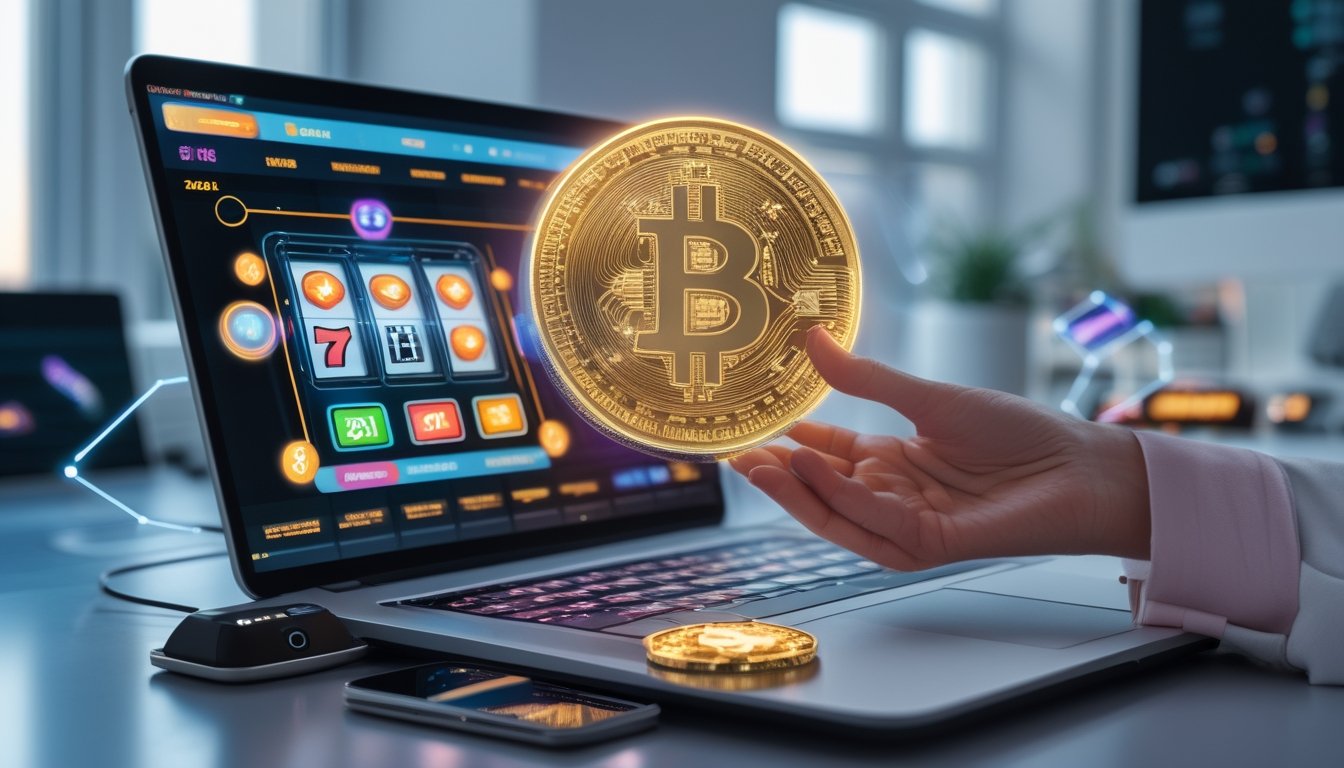 Seseorang menggunakan komputer dengan antarmuka kasino online dan memegang koin cryptocurrency yang menyala, menunjukkan transaksi aman di kasino online.