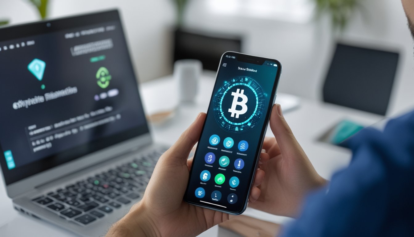 Seseorang memegang ponsel dengan aplikasi dompet cryptocurrency, di meja terdapat laptop yang menampilkan platform kasino online yang aman.
