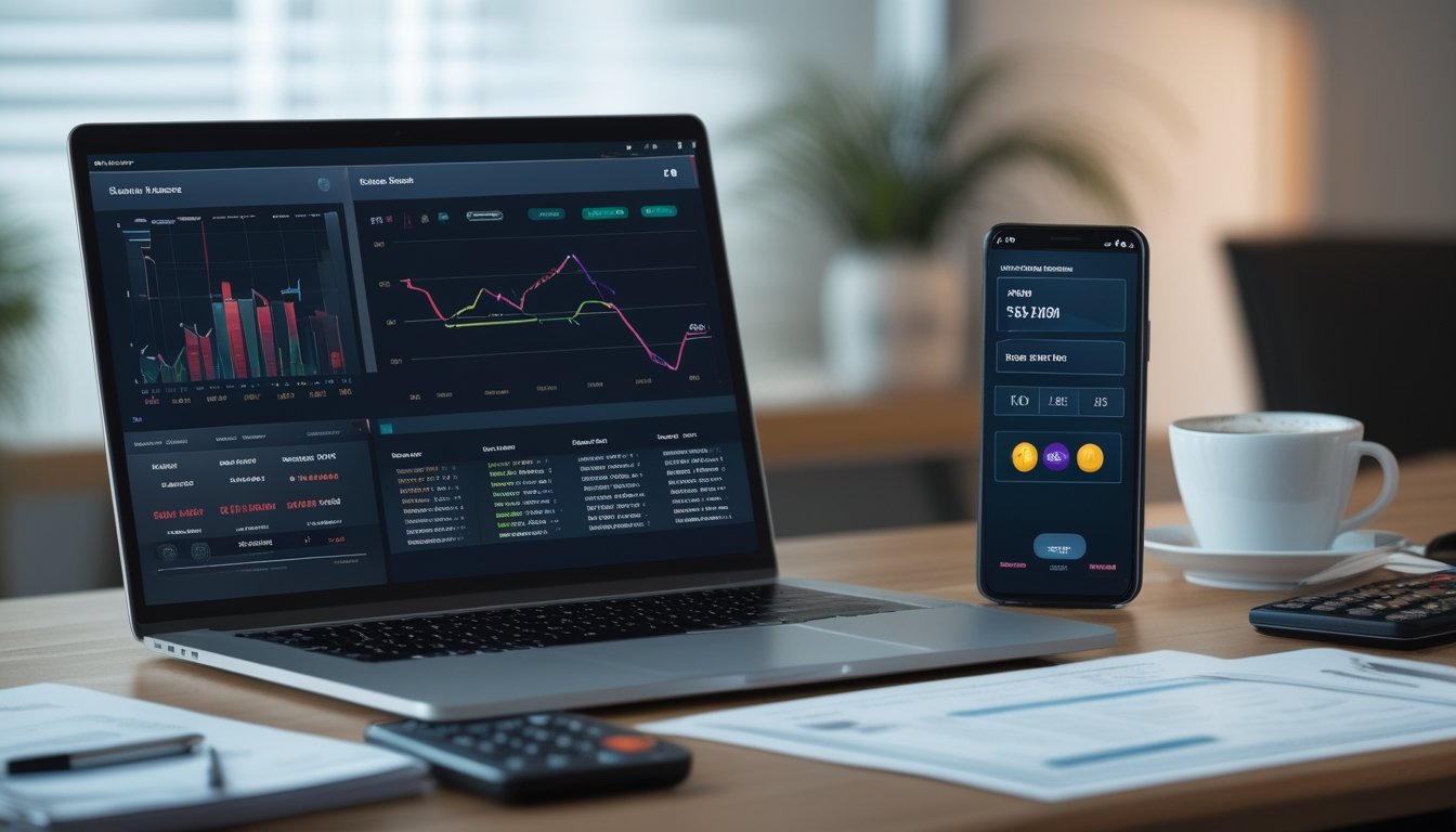 Meja kerja dengan laptop, smartphone, dokumen keuangan, dan kalkulator yang menunjukkan aktivitas pengelolaan bonus deposit kasino online.