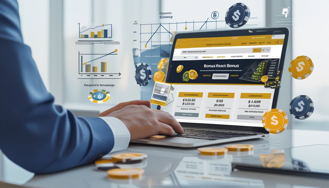 Seseorang menggunakan laptop dengan tampilan situs kasino online dan grafik keuangan di meja yang bersih.