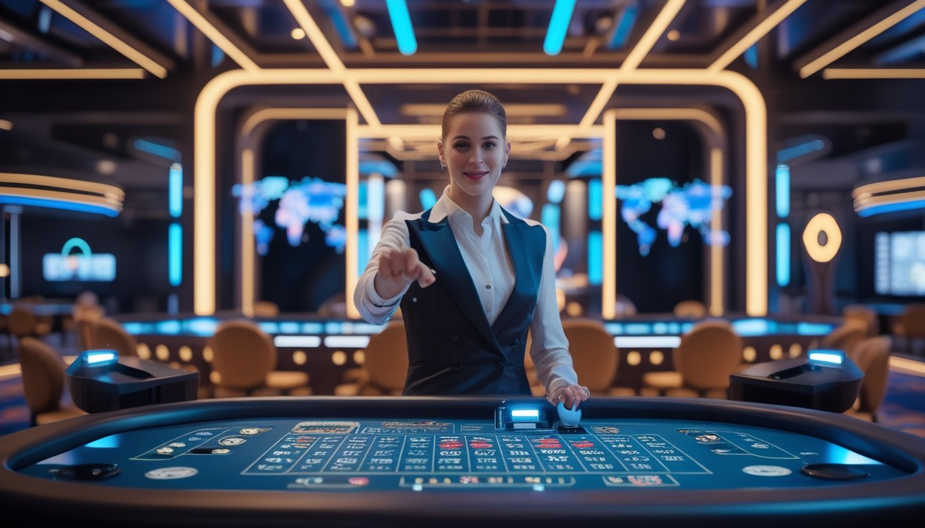 Seorang dealer kasino langsung sedang berinteraksi dengan pemain melalui layar di studio kasino modern dengan pencahayaan warna-warni dan meja permainan digital.