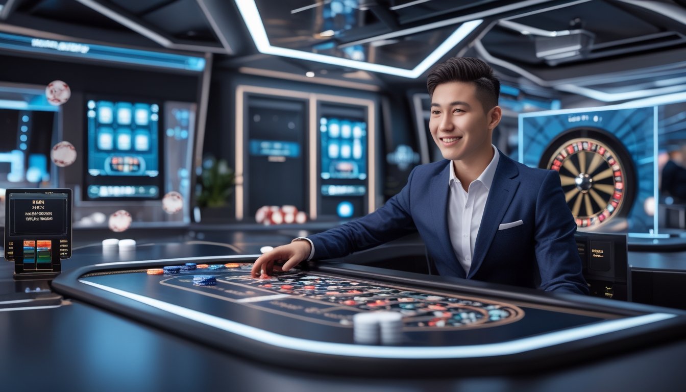Seorang dealer kasino profesional sedang berinteraksi dengan layar digital di studio kasino modern yang futuristik.