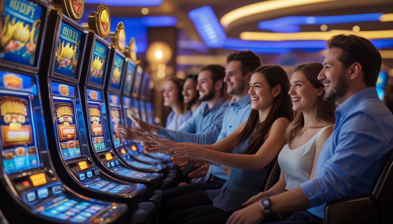 Suasana kasino modern dengan beberapa mesin slot yang menyala dan pemain yang antusias sedang bermain.