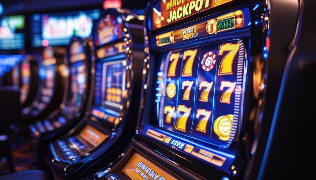 Mesin slot digital modern di kasino dengan simbol jackpot dan koin berwarna cerah, menunjukkan suasana penuh semangat dan peluang menang besar.
