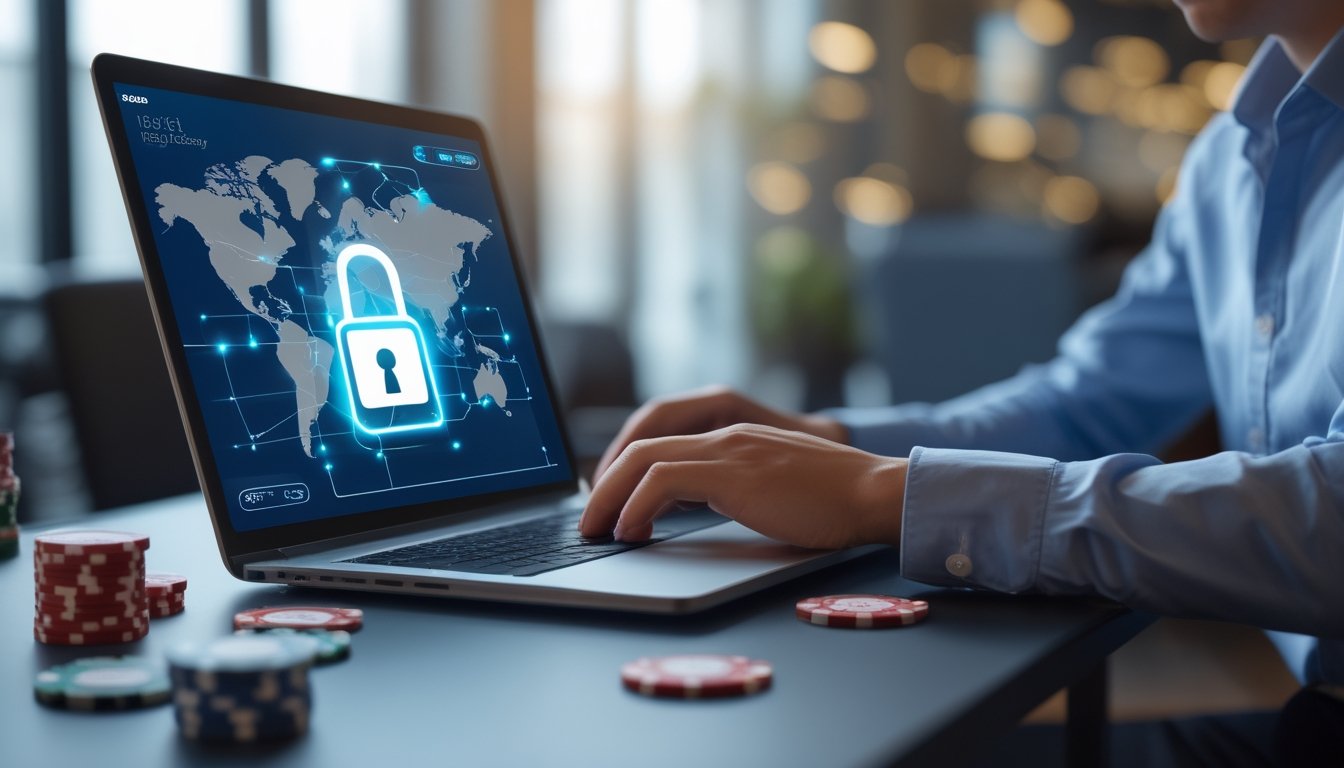 Seseorang menggunakan laptop dengan ikon gembok digital di layar, dikelilingi oleh elemen kasino online internasional seperti peta dunia dan chip poker.