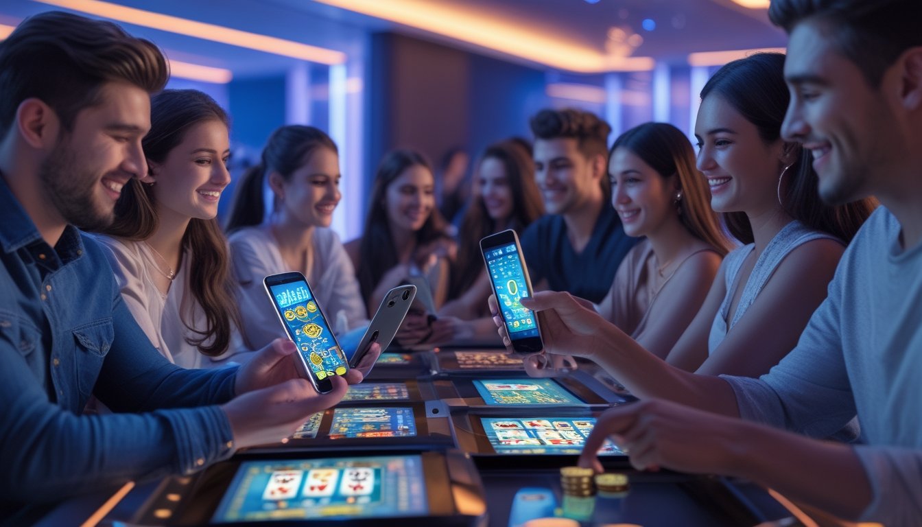 Orang-orang muda bermain permainan kasino sosial di perangkat digital di sebuah lounge modern dengan suasana ceria dan futuristik.