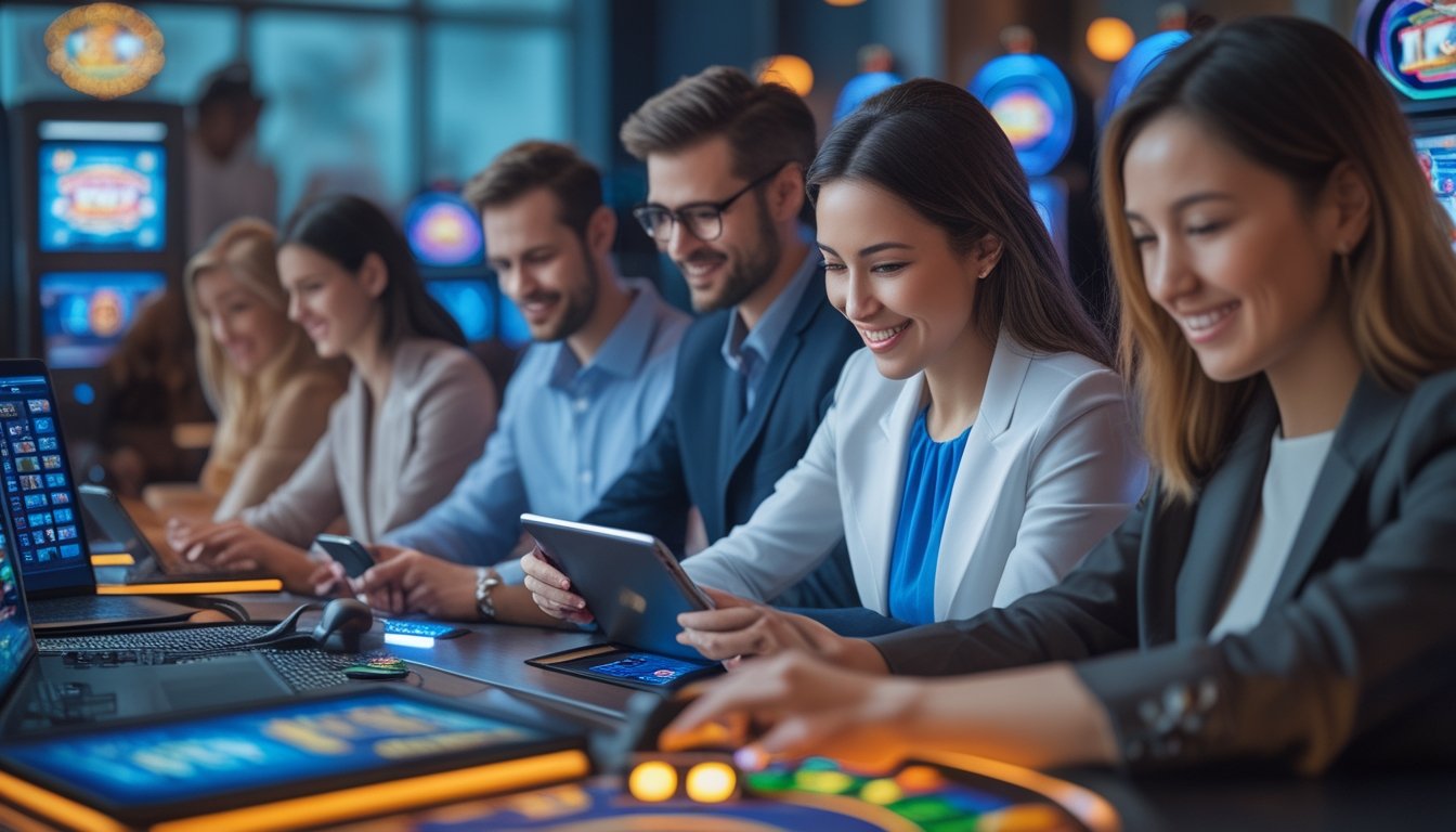 Sekelompok orang menggunakan perangkat digital untuk bermain permainan kasino sosial bersama di ruangan yang terang dan nyaman.
