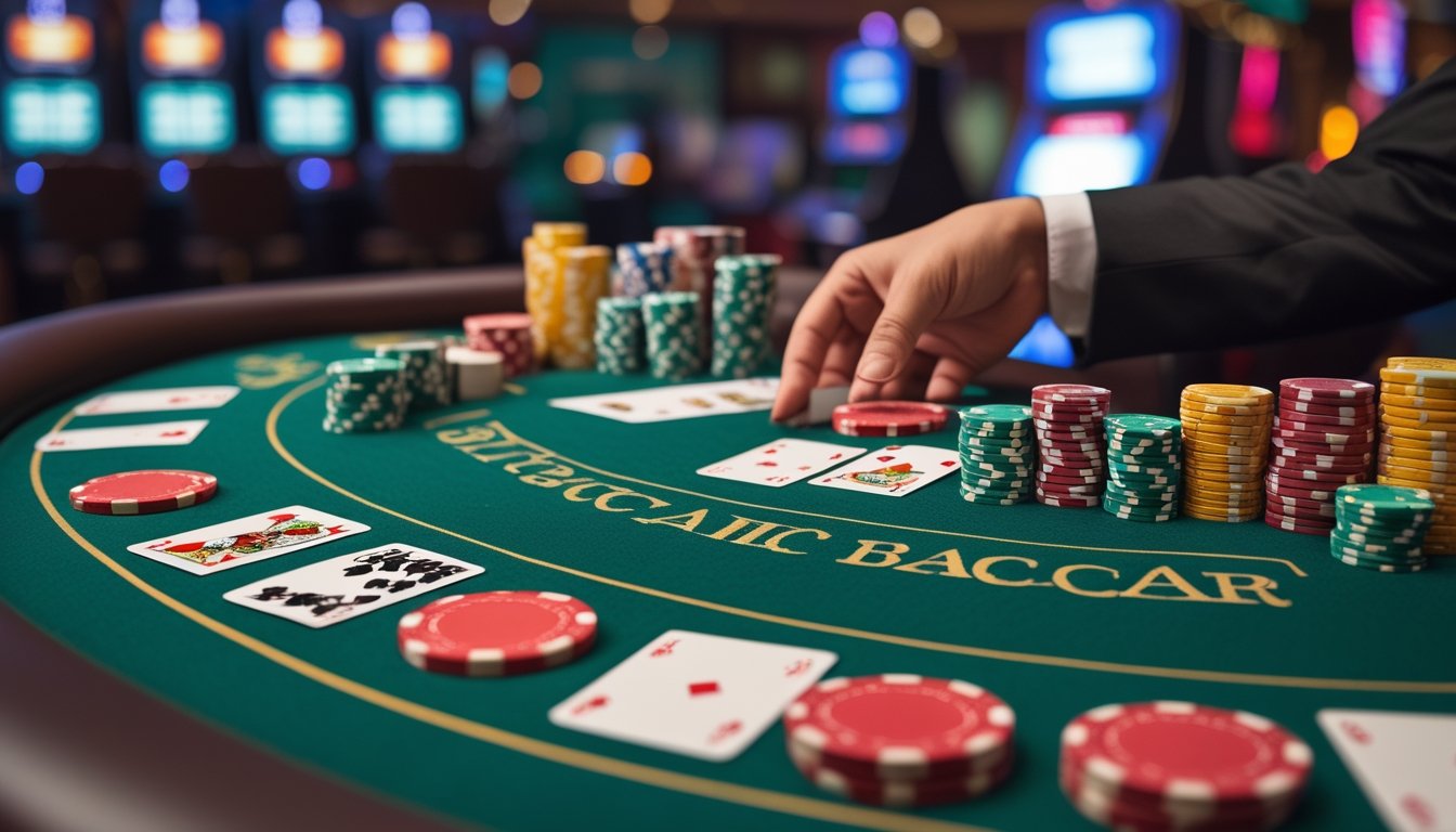 Meja kasino dengan kartu remi dan chip taruhan, dealer sedang membagikan kartu di lingkungan kasino.