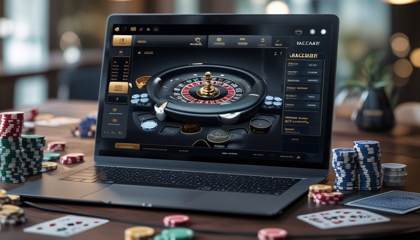 Sebuah meja dengan komputer yang menampilkan permainan kartu kasino online, dikelilingi oleh chip dan kartu remi.