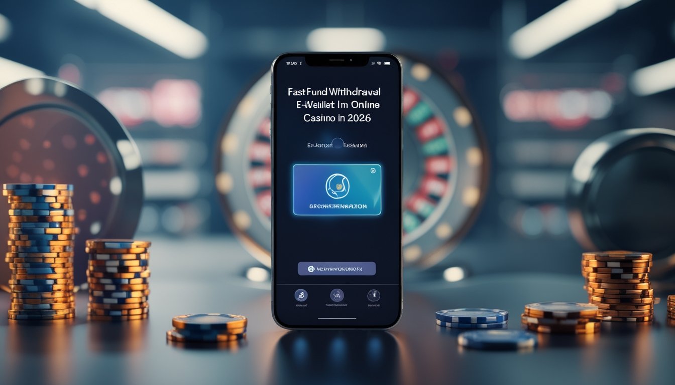 Sebuah ponsel pintar menampilkan aplikasi e-wallet dengan latar belakang elemen kasino seperti chip poker dan kartu bermain.