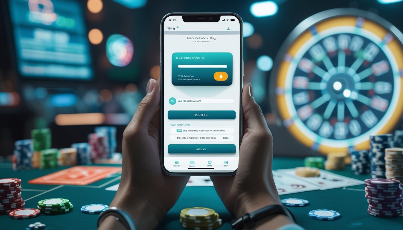 Seseorang memegang ponsel dengan aplikasi e-wallet yang menunjukkan proses penarikan dana cepat di latar belakang kasino online.