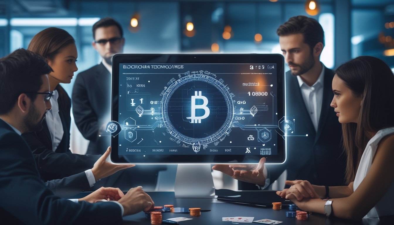 Sekelompok profesional sedang berdiskusi di depan layar komputer yang menampilkan teknologi blockchain untuk permainan kasino online.