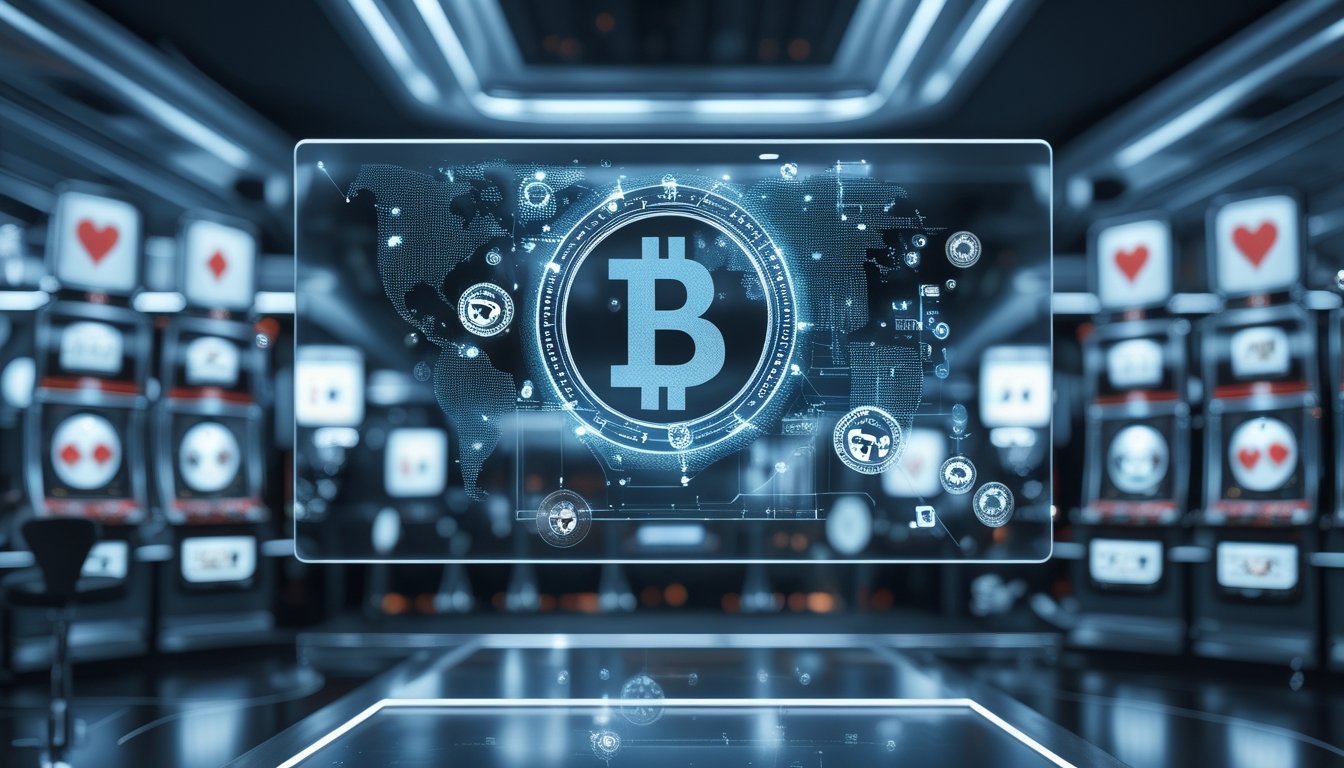 Antarmuka digital modern dengan simbol kriptografi dan latar kasino futuristik yang menggambarkan teknologi permainan kasino online yang adil dan transparan.