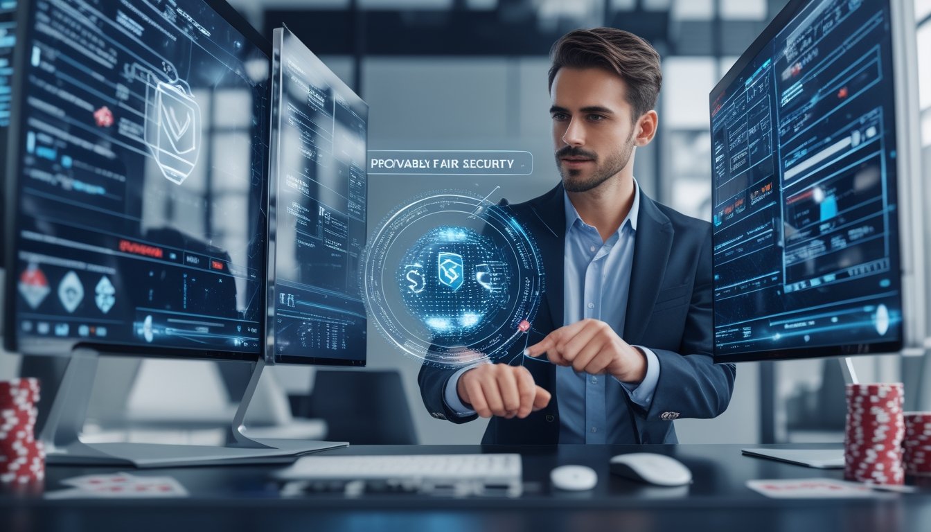 Seseorang sedang memverifikasi keamanan situs kasino online menggunakan teknologi canggih di depan layar komputer dengan data digital.