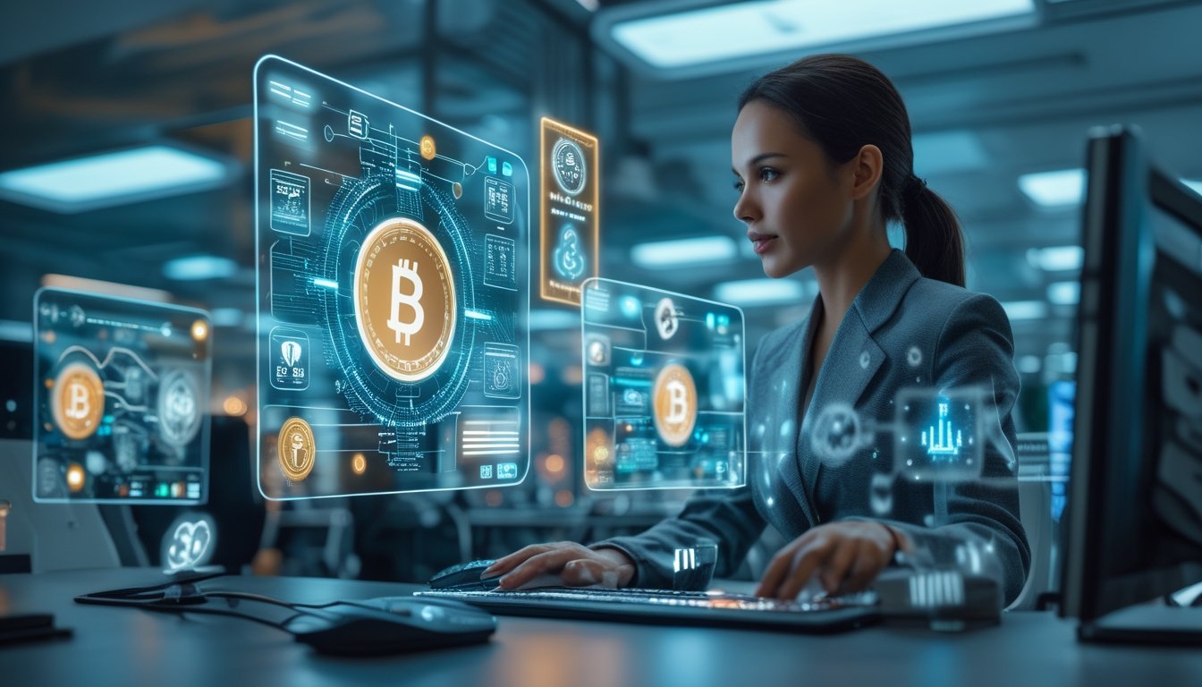 Seseorang di depan komputer dengan layar digital menampilkan algoritma kriptografi dan simbol keamanan, sedang memverifikasi keamanan situs kasino online.