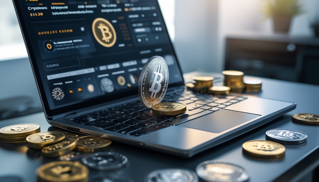 Seorang pengguna bekerja dengan laptop yang menampilkan dompet kripto dan elemen kasino online, dikelilingi oleh koin cryptocurrency di atas meja.