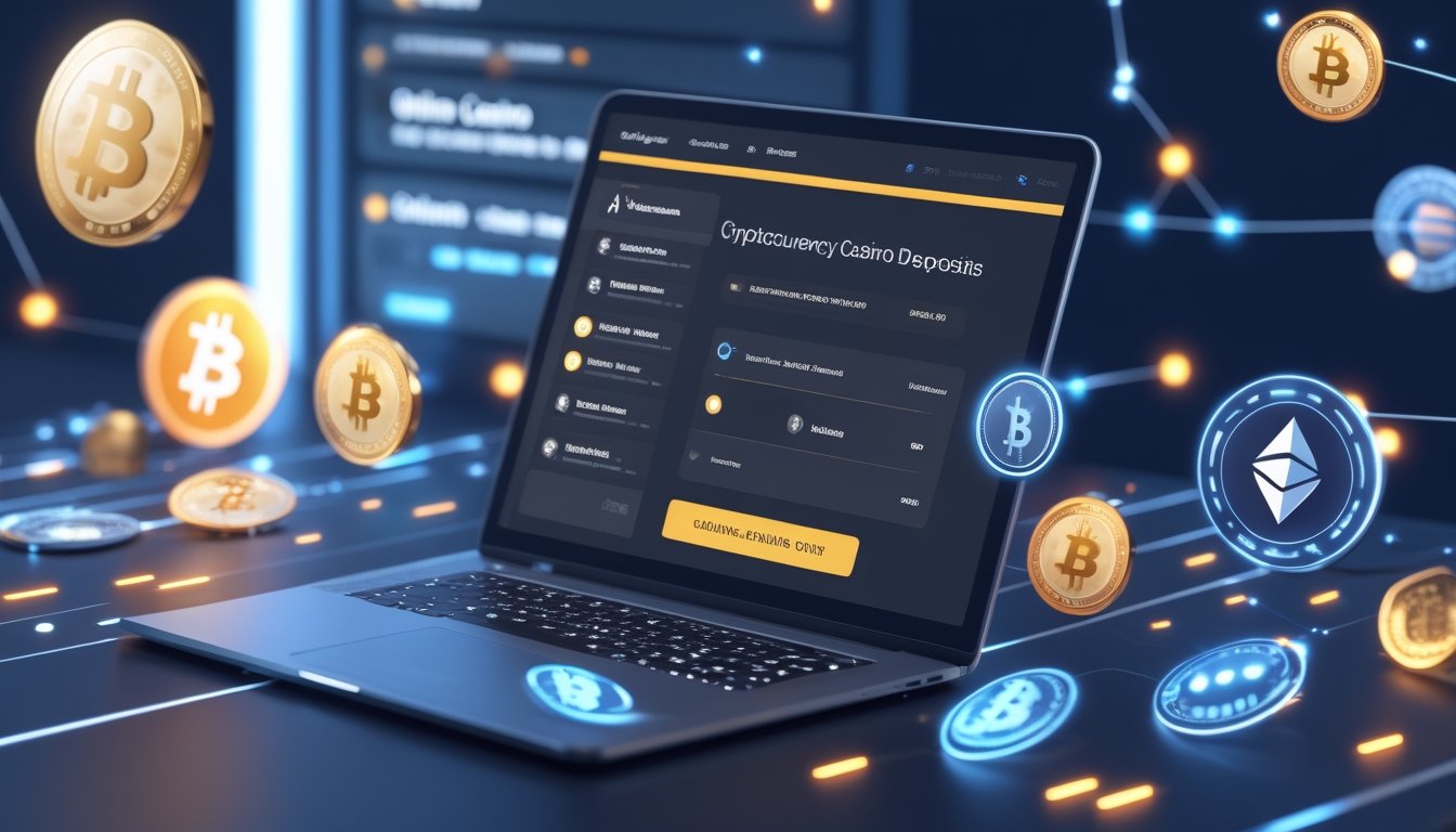 Seorang pengguna sedang melakukan deposit kasino online menggunakan dompet cryptocurrency di perangkat digital dengan simbol cryptocurrency di sekitarnya.