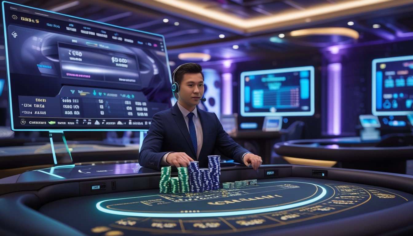 Seorang dealer live baccarat profesional sedang berinteraksi dengan pemain melalui layar digital di meja permainan modern dengan latar belakang kasino futuristik.