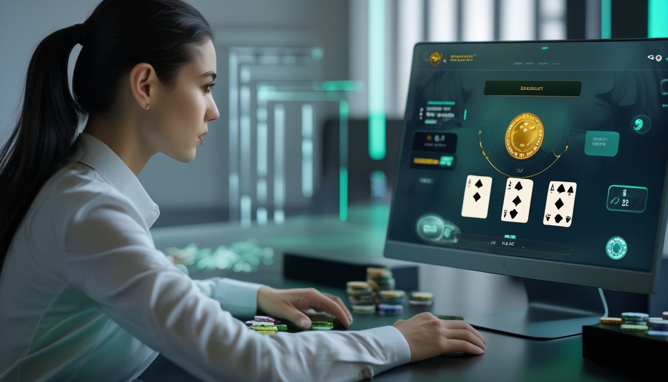 Seorang pemain fokus bermain baccarat online dengan layar komputer menampilkan dealer langsung dan kartu permainan.