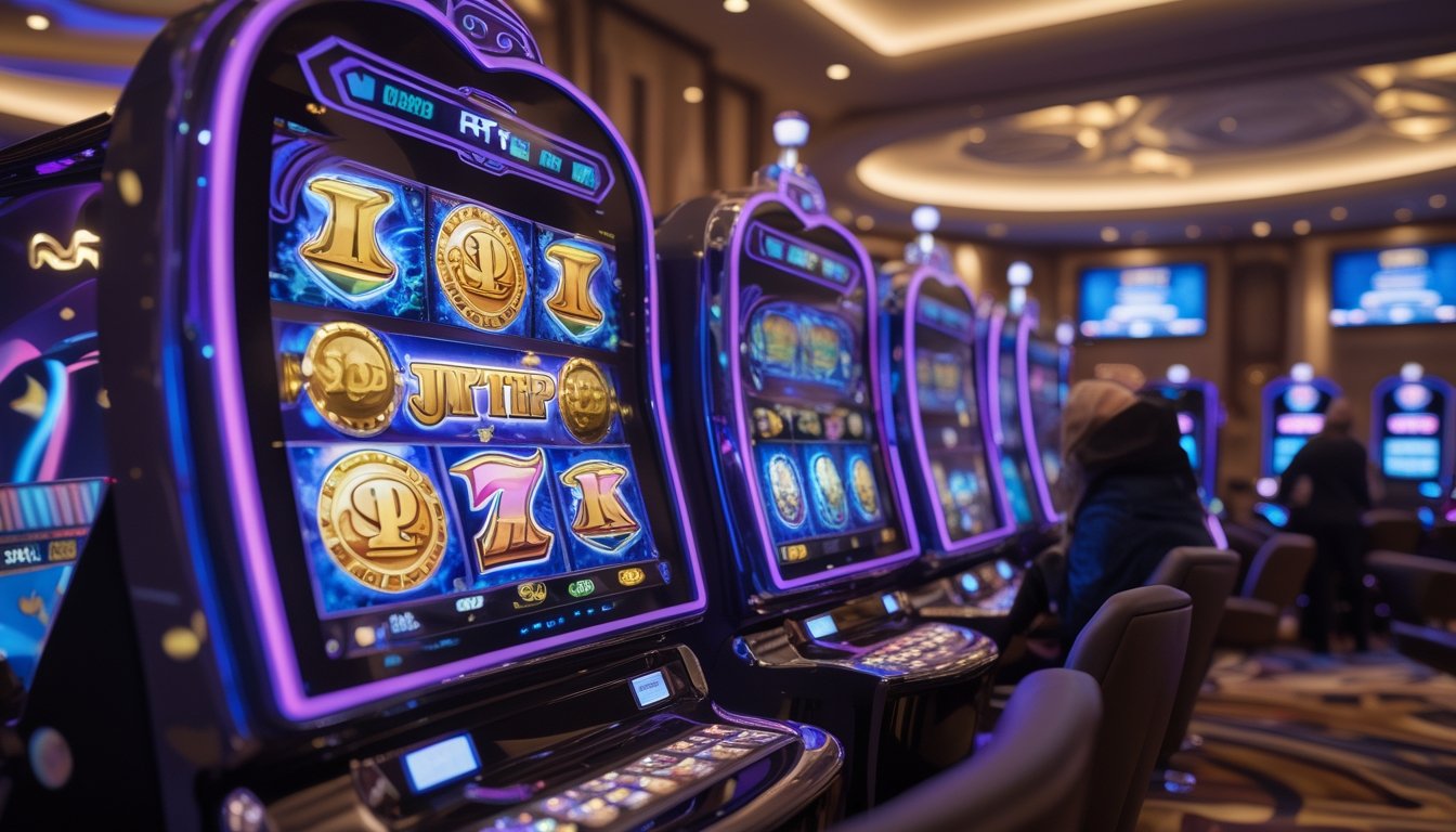 Suasana kasino modern dengan mesin slot berteknologi tinggi dan pemain yang sedang bermain.