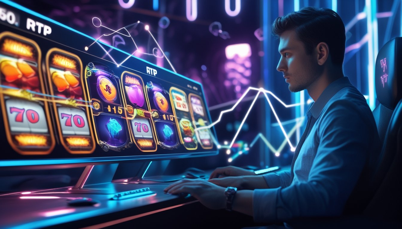 Seorang pemain sedang melihat layar komputer dengan grafik mesin slot berwarna-warni dan diagram data RTP serta volatilitas di latar belakang ruang permainan modern.