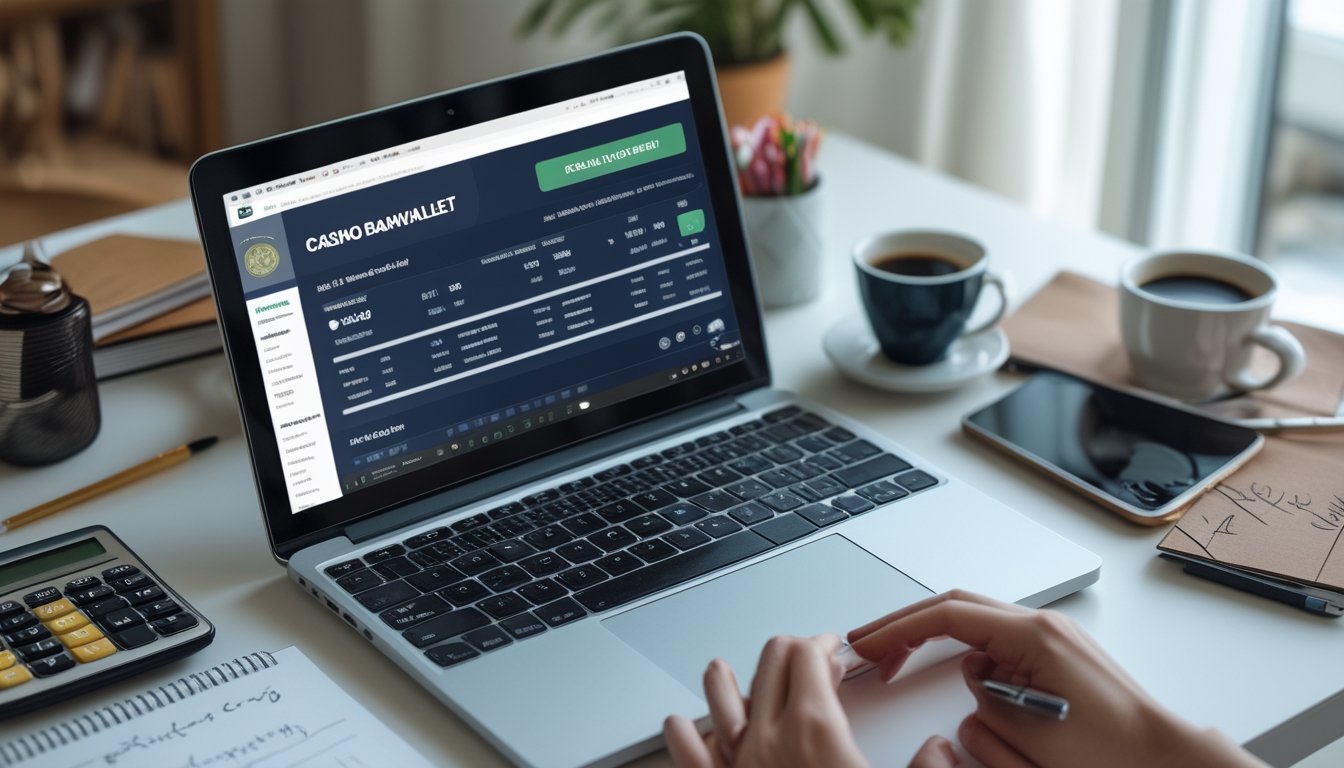 Meja kerja dengan laptop yang menampilkan aplikasi dompet digital dan situs kasino online, dikelilingi oleh kalkulator, buku catatan, dan ponsel, dengan cahaya alami dari jendela.
