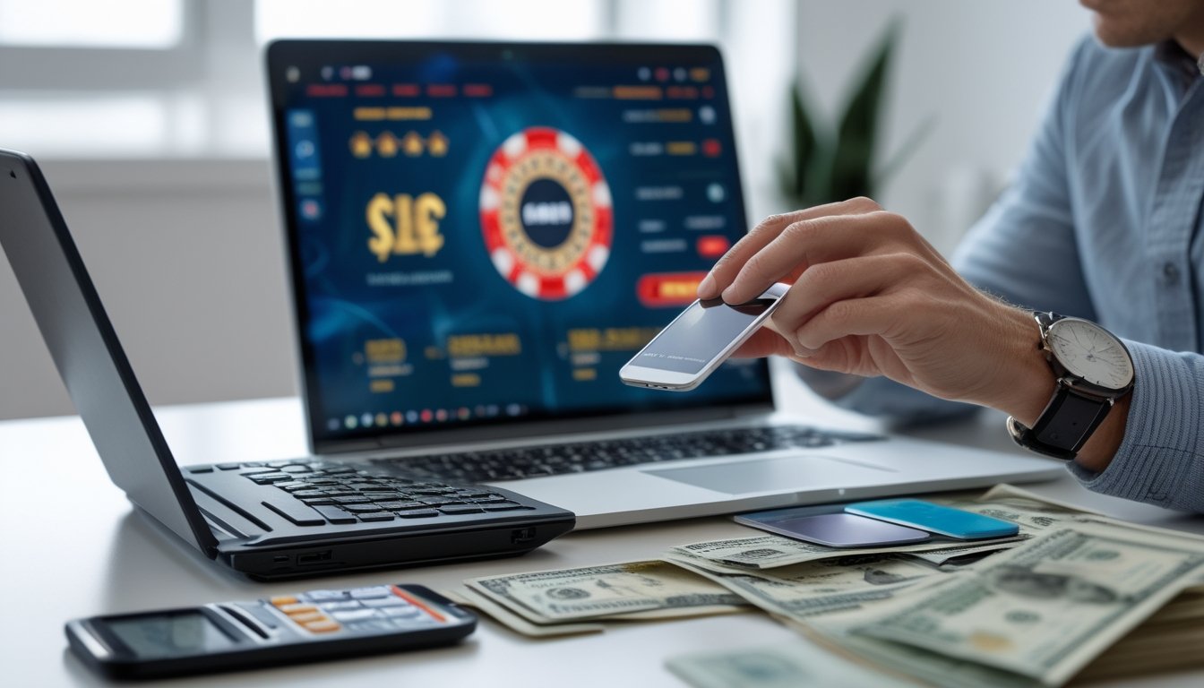 Seorang individu duduk di meja dengan laptop, smartphone, dan kalkulator, mengelola keuangan untuk bermain kasino online menggunakan metode e-wallet.