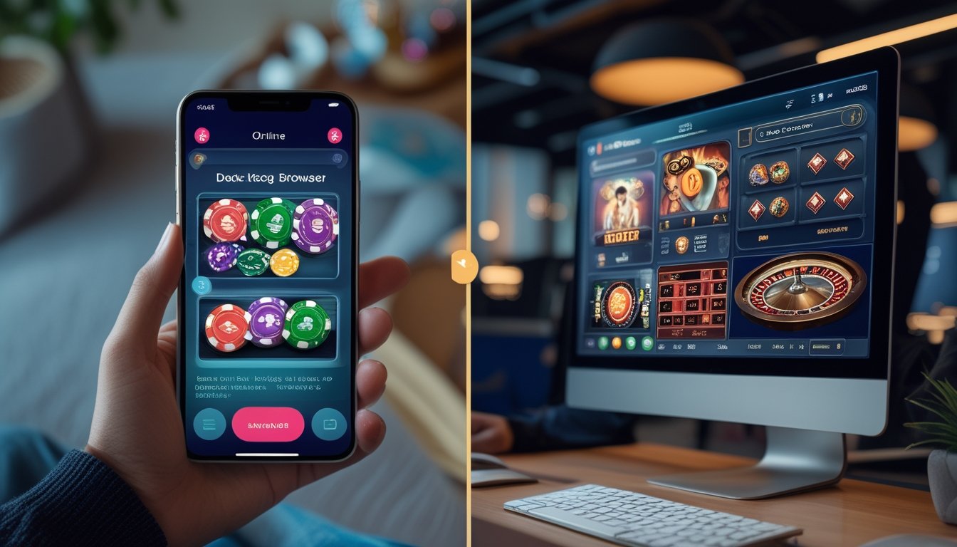 Seseorang bermain kasino online menggunakan aplikasi di ponsel di satu sisi dan menggunakan browser di komputer desktop di sisi lain.