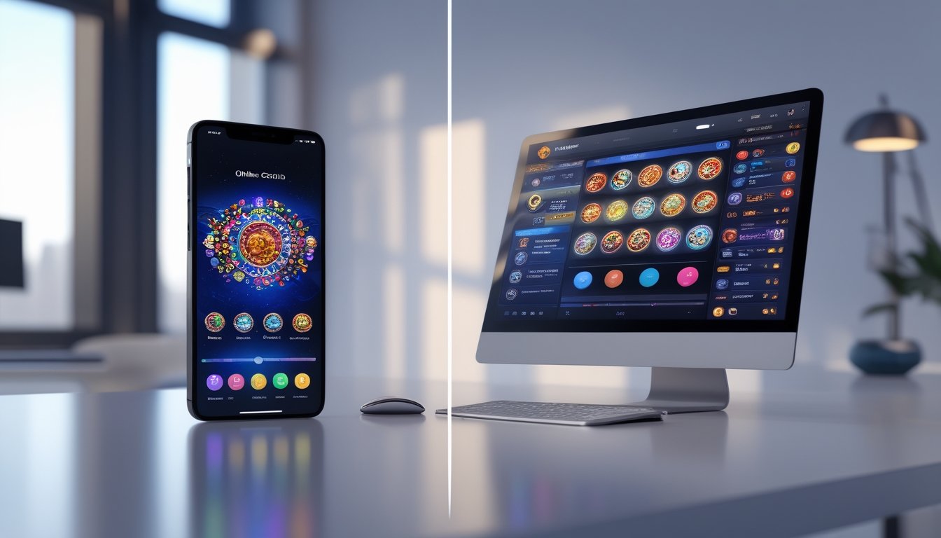 Gambar dua perangkat, smartphone dan komputer desktop, yang menampilkan antarmuka permainan kasino online yang berbeda di layar mereka.