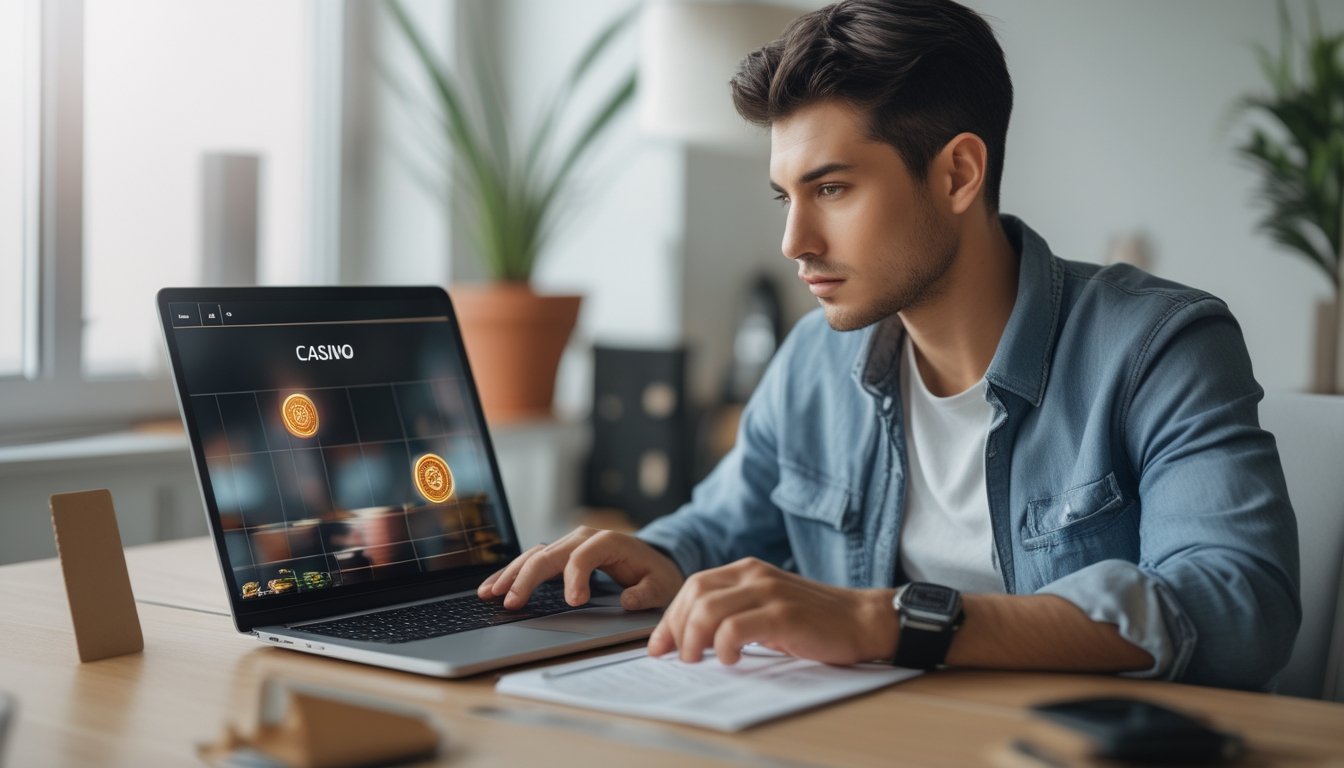 Seorang pemula sedang fokus menggunakan laptop di ruang kerja modern dengan cahaya alami, menunjukkan kehati-hatian saat mengakses situs kasino online.